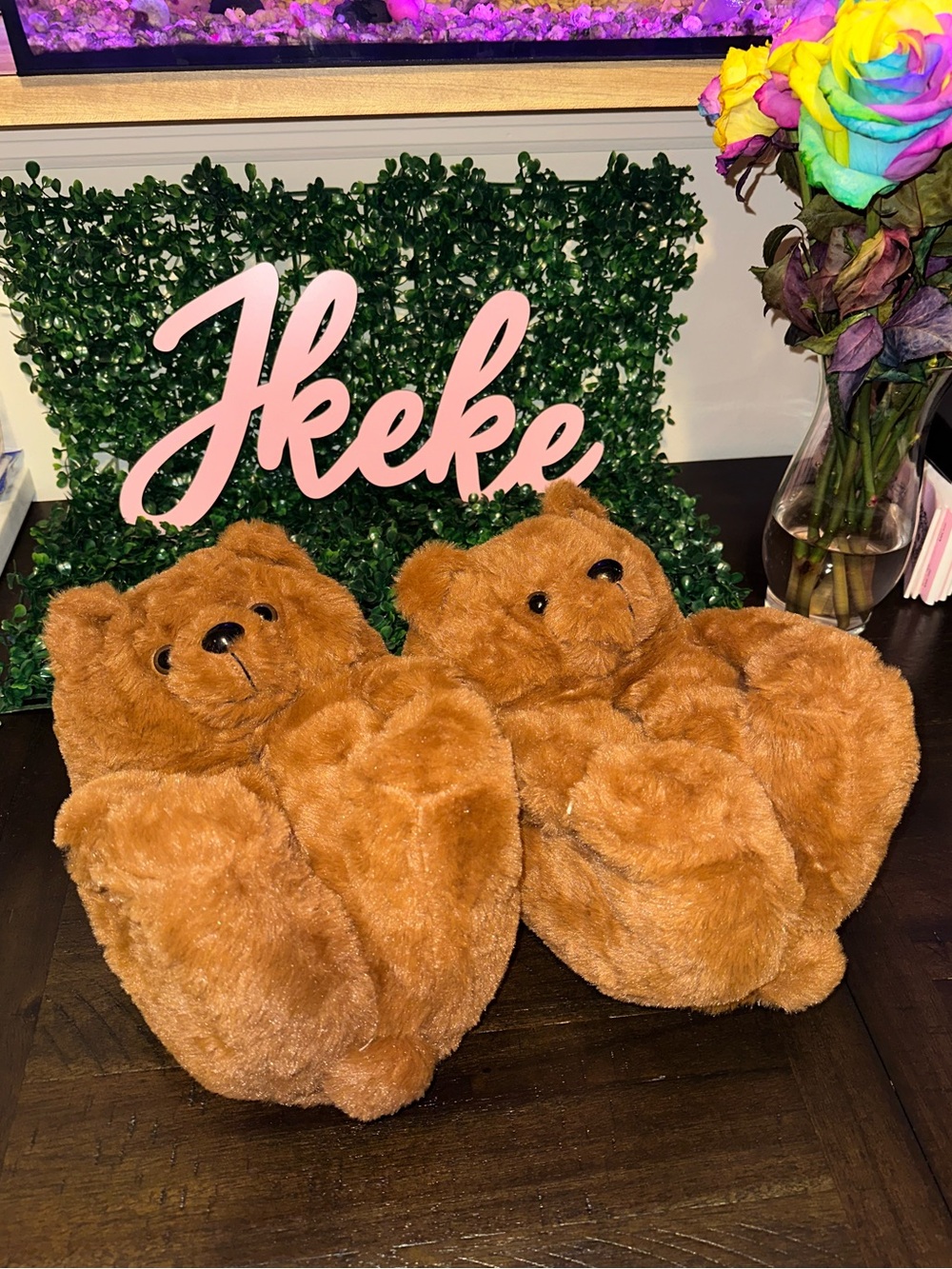 Plush Brown Bear Slippers—One Size